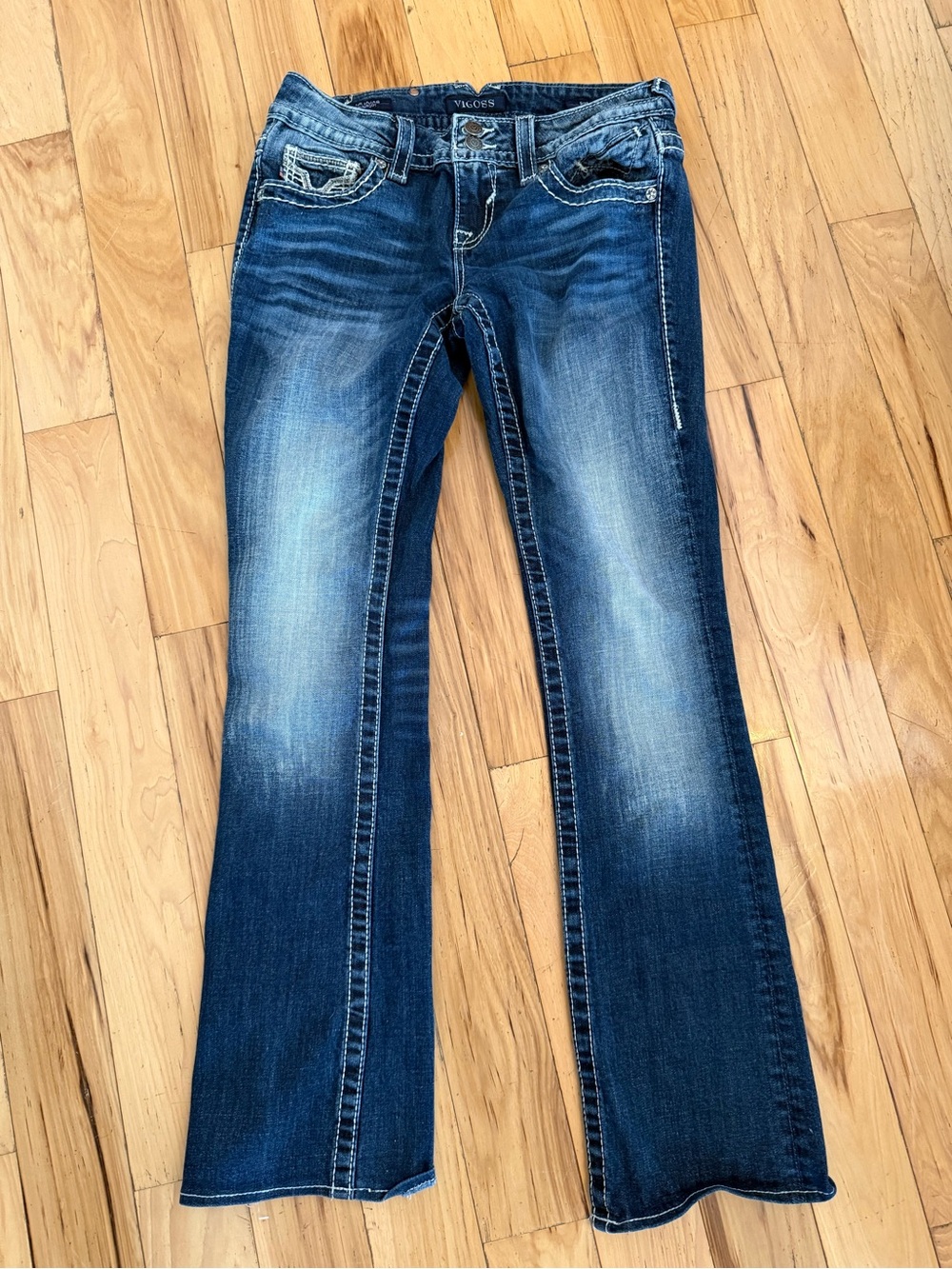 Vigoss The Dallas Slim Bootcut Jeans Women's 1/2 Long 33 Dark Wash Embroidered